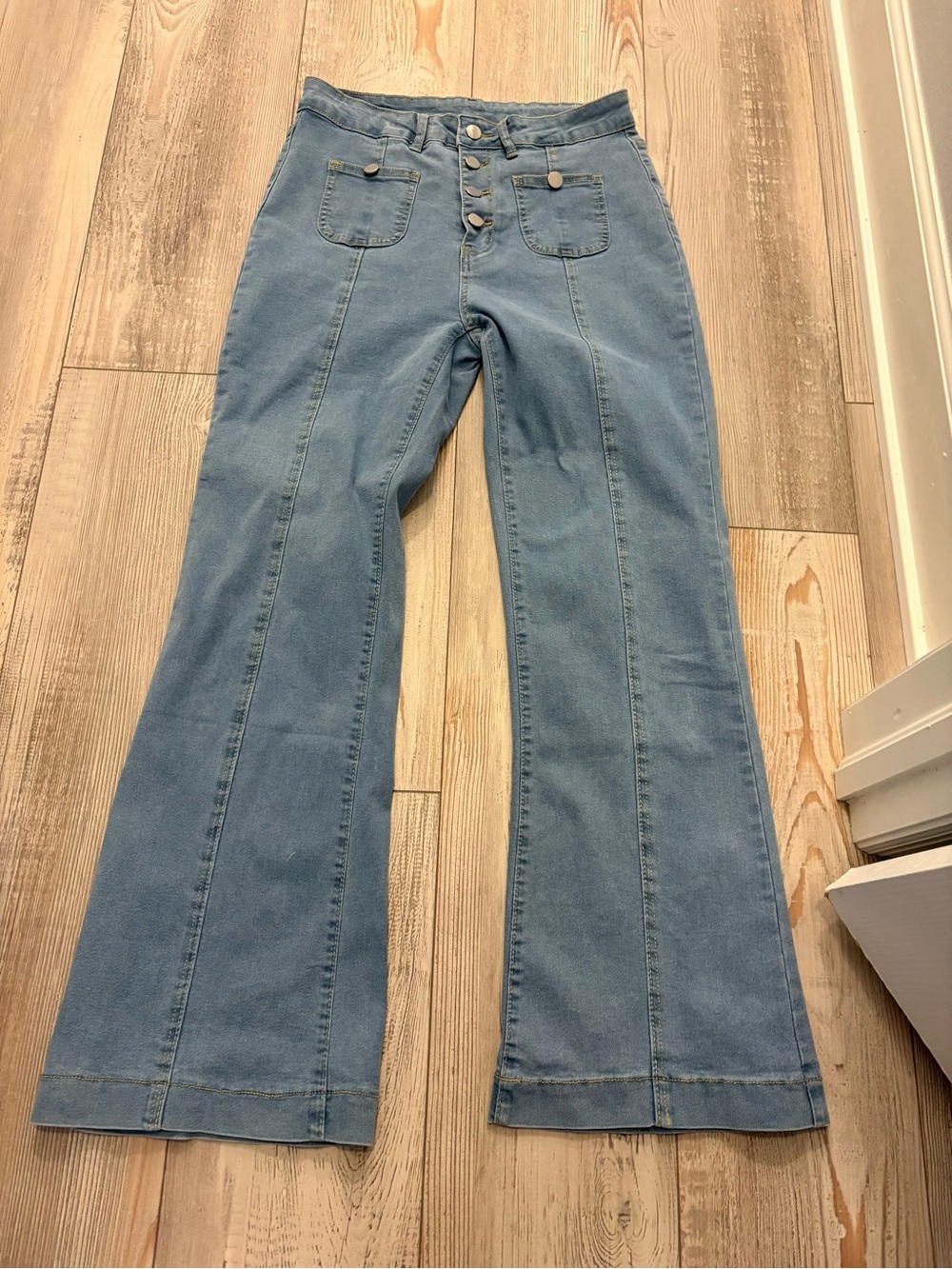 SHEIN Light Blue High-Waist Flare Jeans with Button Front